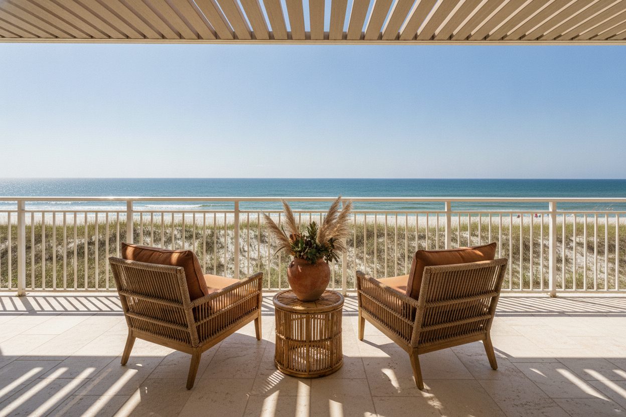 Ocean-view balcony with woven chairs looking over dunes to the turquoise Atlantic
