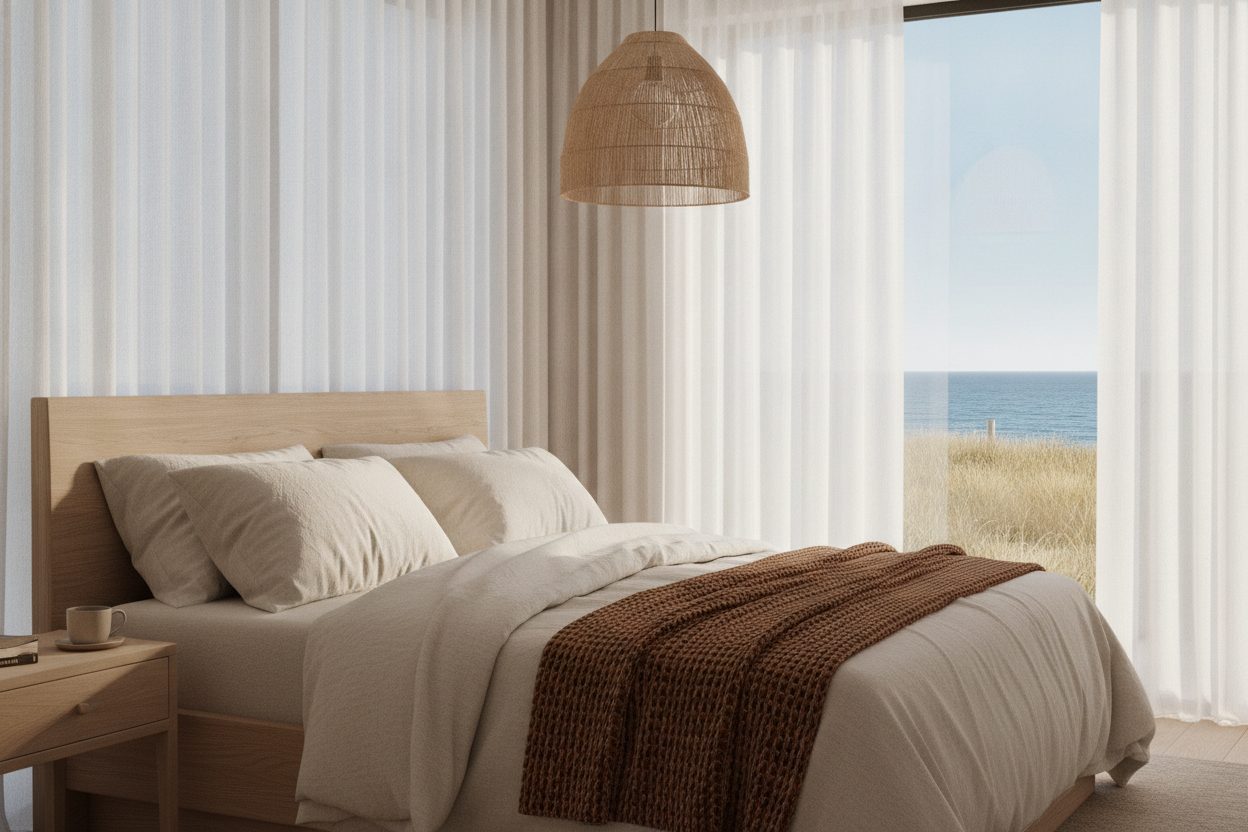 Serene sunlit coastal bedroom with sand-toned linen and a cinnamon throw