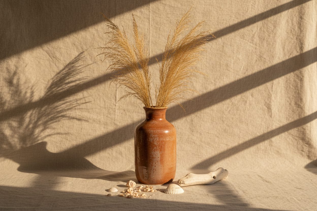 Sea oats in a cinnamon-glazed ceramic vase with shells in warm morning light