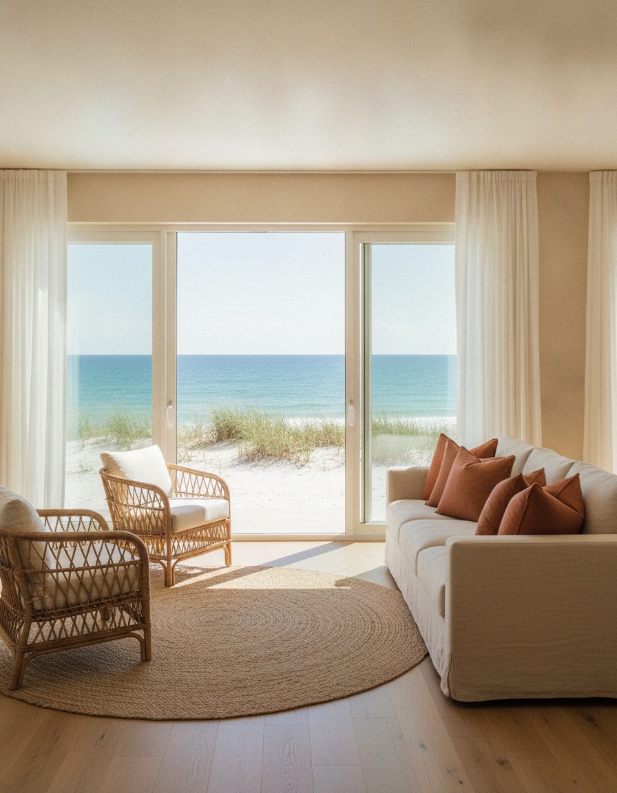 Sunlit beachfront living room open to the Atlantic, with warm sand and cinnamon-toned furnishings